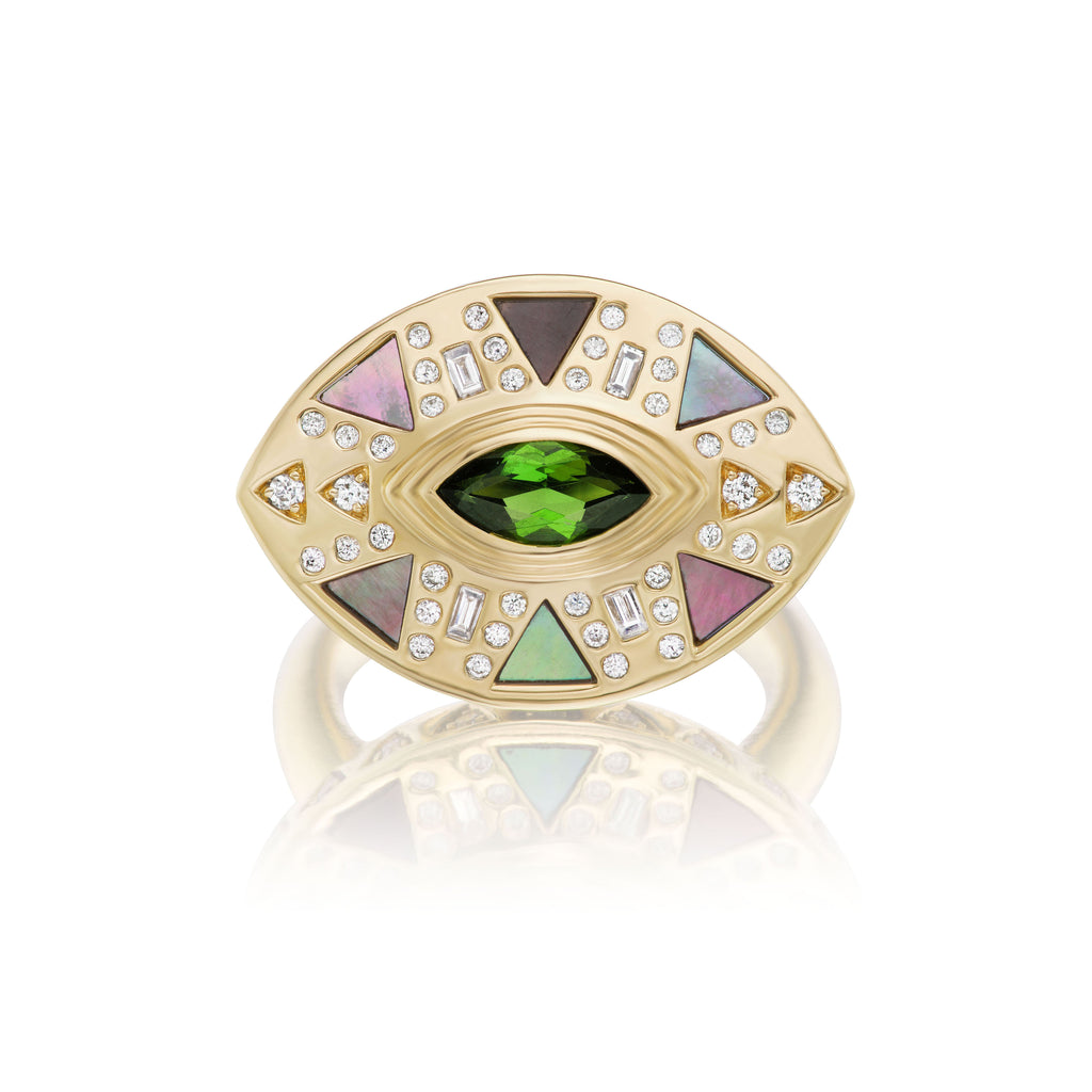 Harwell Godfrey 18k Tourmaline. MOP. Diamond Cleopatra's Eye Cocktail Ring
